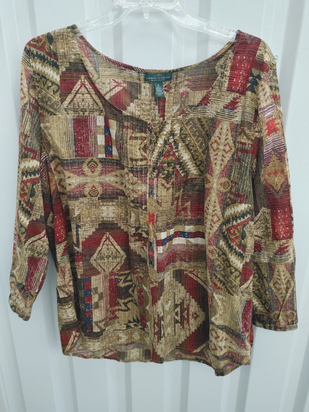 Lauren Ralph Lauren Top Blouse Multicolored Geometric Tribal Boho XL NWT